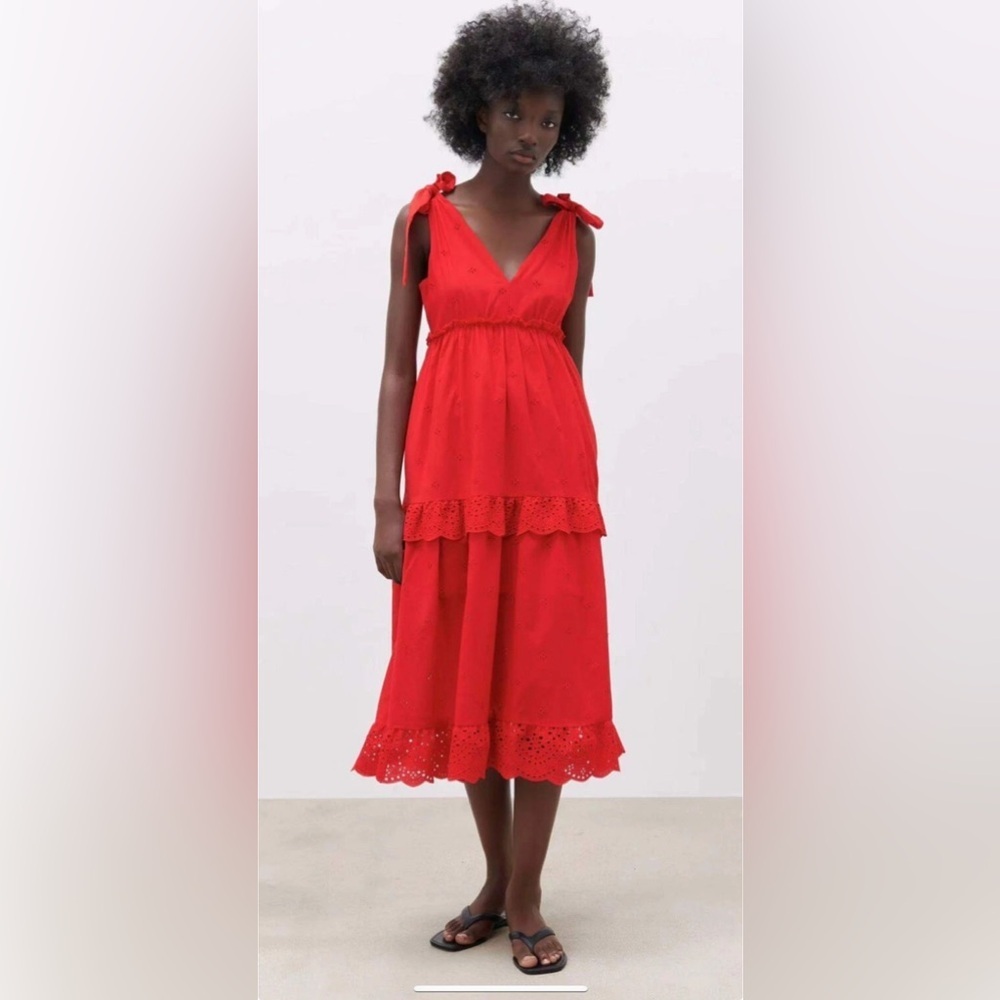 Zara Red Tiered Ruffled Maxi Dress for Wedding Guest